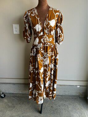 SHEIN Floral Puff Sleeve Dress Beige & Brown